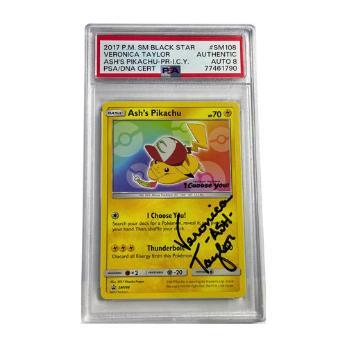 Ash's Pikachu SM108 Pokemon I Choose You Promo Card PSA AUTO 8 Veronica Taylor